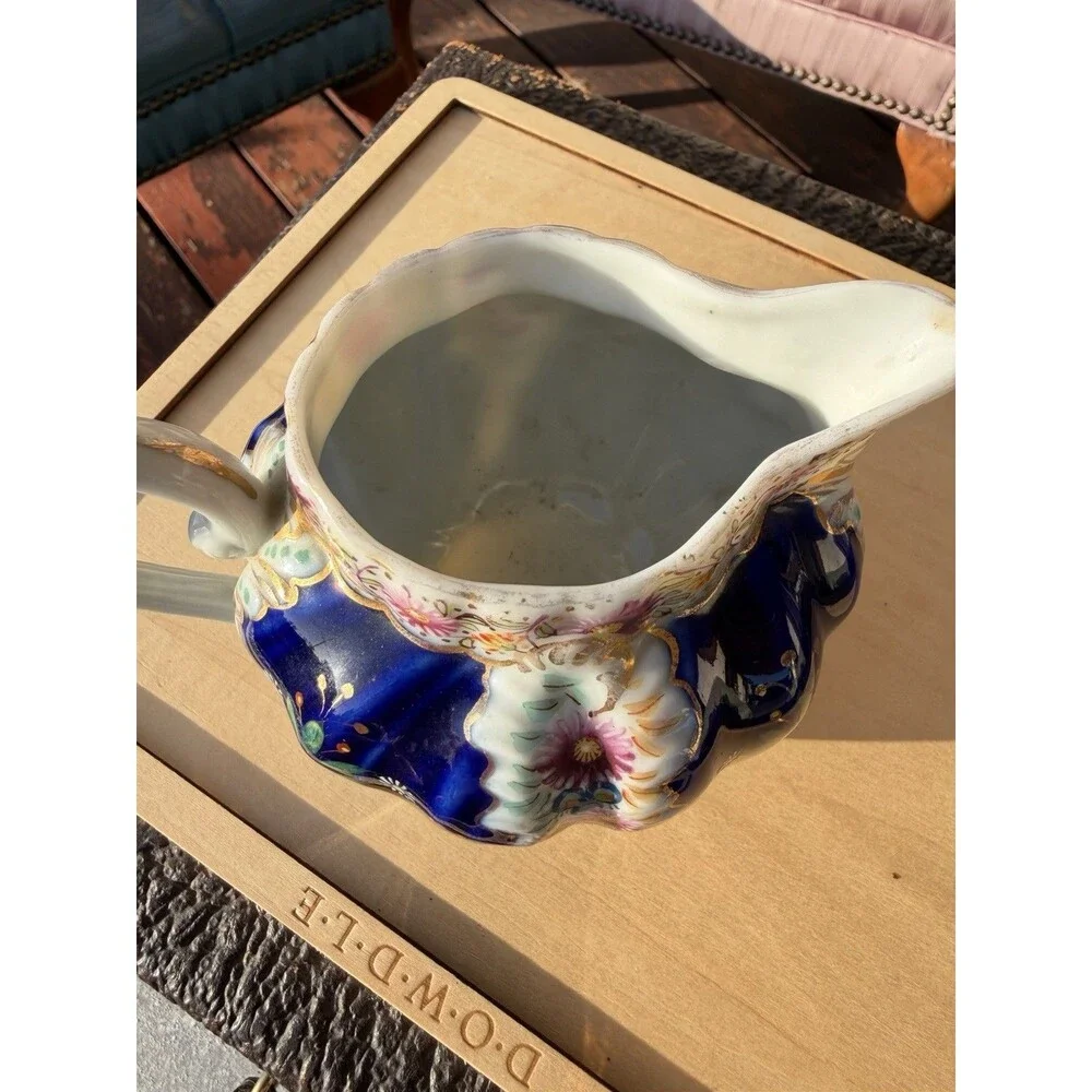 19Th Century Cobalt, Blue Porcelain Creamer With Floral Enamel And Gold